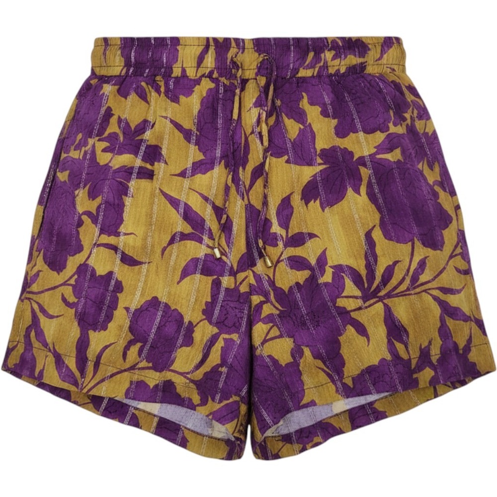 DELFI Collective Purple Mustard Floral Metallic Stripe Shorts Small Made in USA